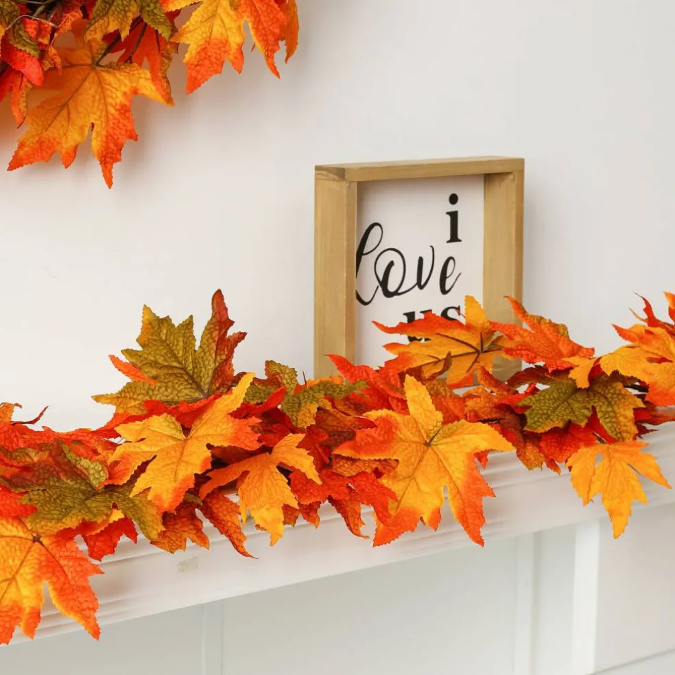 Set of 2 Fall Lighted Maple Leaves Wreath/Garland with Timer