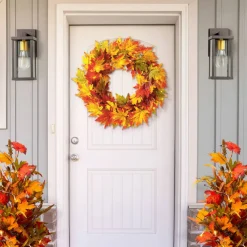 Set of 2 Fall Lighted Maple Leaves Wreath/Garland with Timer