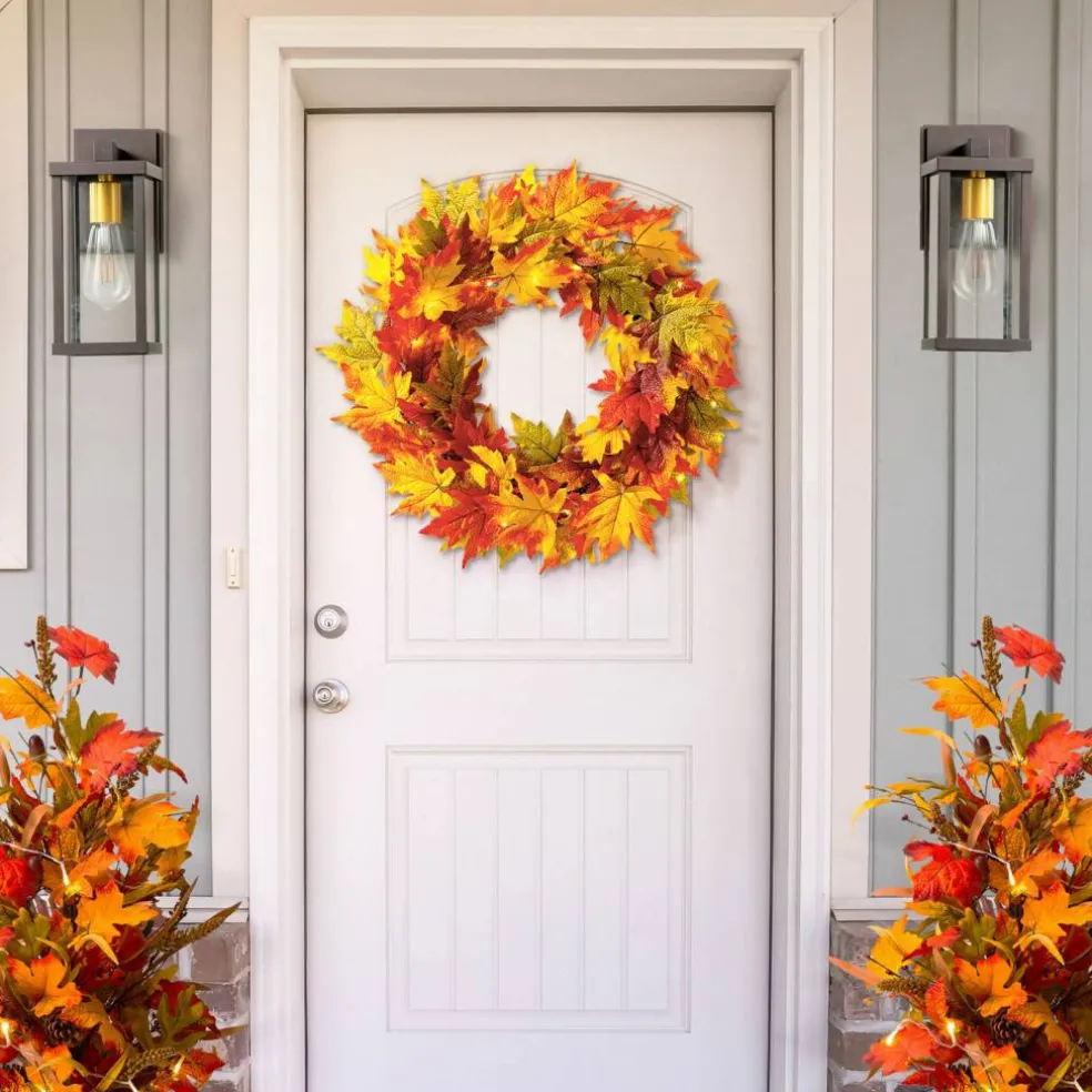 Set of 2 Fall Lighted Maple Leaves Wreath/Garland with Timer