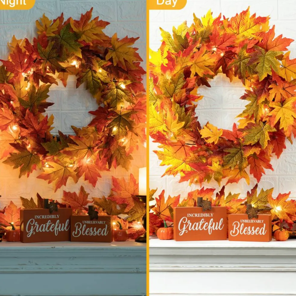 Set of 2 Fall Lighted Maple Leaves Wreath/Garland with Timer
