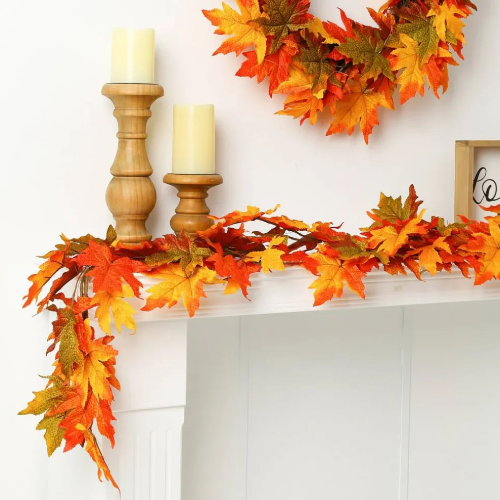 Set of 2 Fall Lighted Maple Leaves Wreath/Garland with Timer