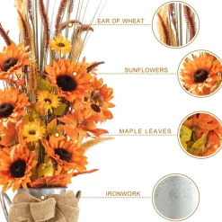Set of 2 Fall Sunflower Leaf Potted Tree Thanksgiving Porch Decor