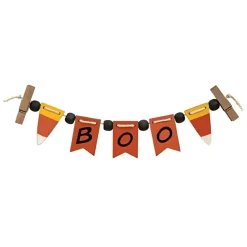 Set of 4 Farmhouse Boo Wooden Pennant Garland with Candy Corn Cutouts Beaded String and Two Clips Halloween Home Decor
