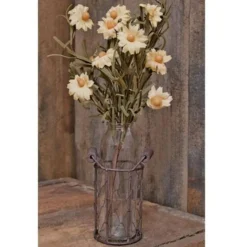 Set of 3 Glass Cream Bottle Set with Wire Basket Rustic Vase Holder Decorative Farmhouse Centerpiece Lantern Style Home Decor