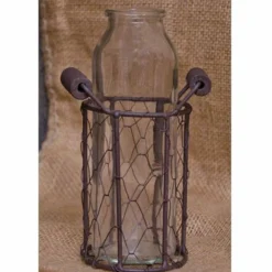 Set of 3 Glass Cream Bottle Set with Wire Basket Rustic Vase Holder Decorative Farmhouse Centerpiece Lantern Style Home Decor
