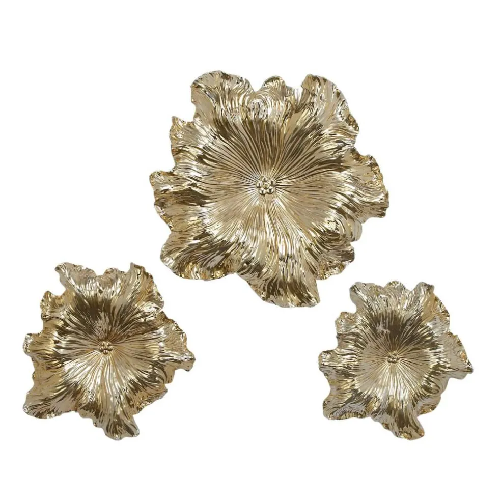 Set of 3 Gold Polystone Eclectic Floral Wall Decor, 17", 19", 26"