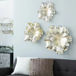 Set of 3 Gold Polystone Eclectic Floral Wall Decor, 17