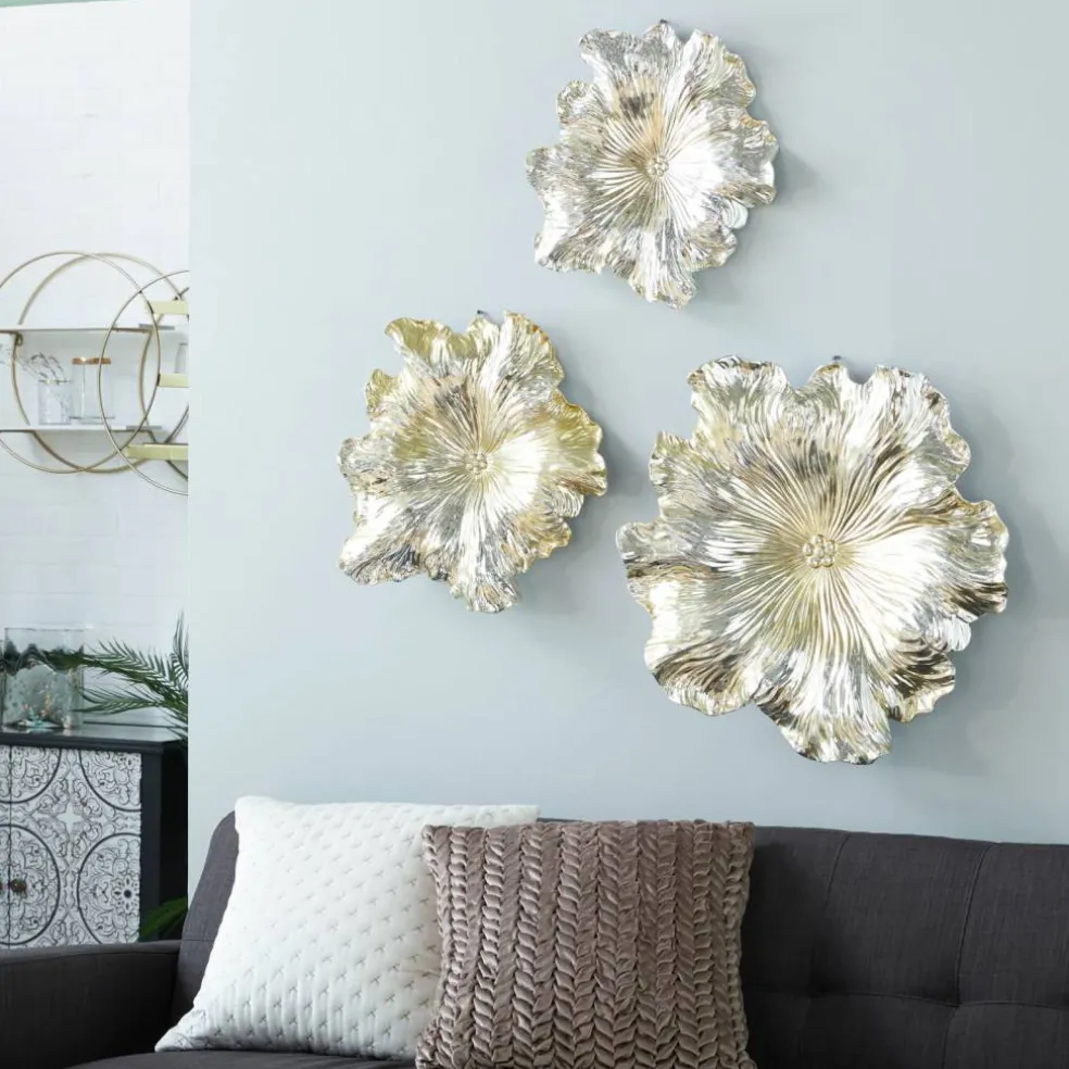 Set of 3 Gold Polystone Eclectic Floral Wall Decor, 17", 19", 26"