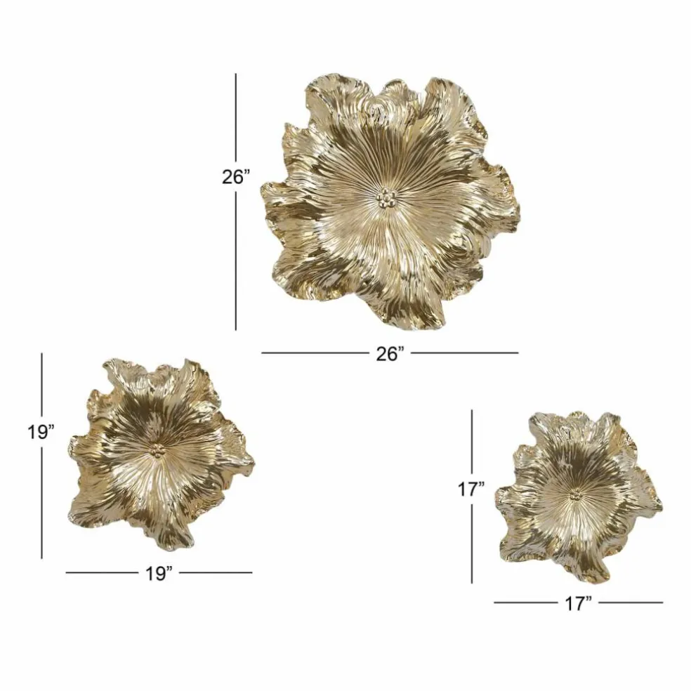 Set of 3 Gold Polystone Eclectic Floral Wall Decor, 17", 19", 26"