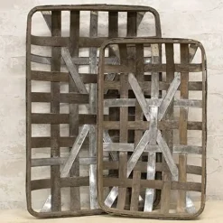 Set of 2 Gray Wash Rectangle Tobacco Baskets Wood Metal Farmhouse Wall Decor