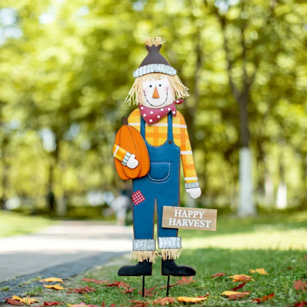 Set of 2 36"H Boy & Girl Fall Metal Scarecrow Yard Stake/Standing/Hanging Sign (KD, Three Function)