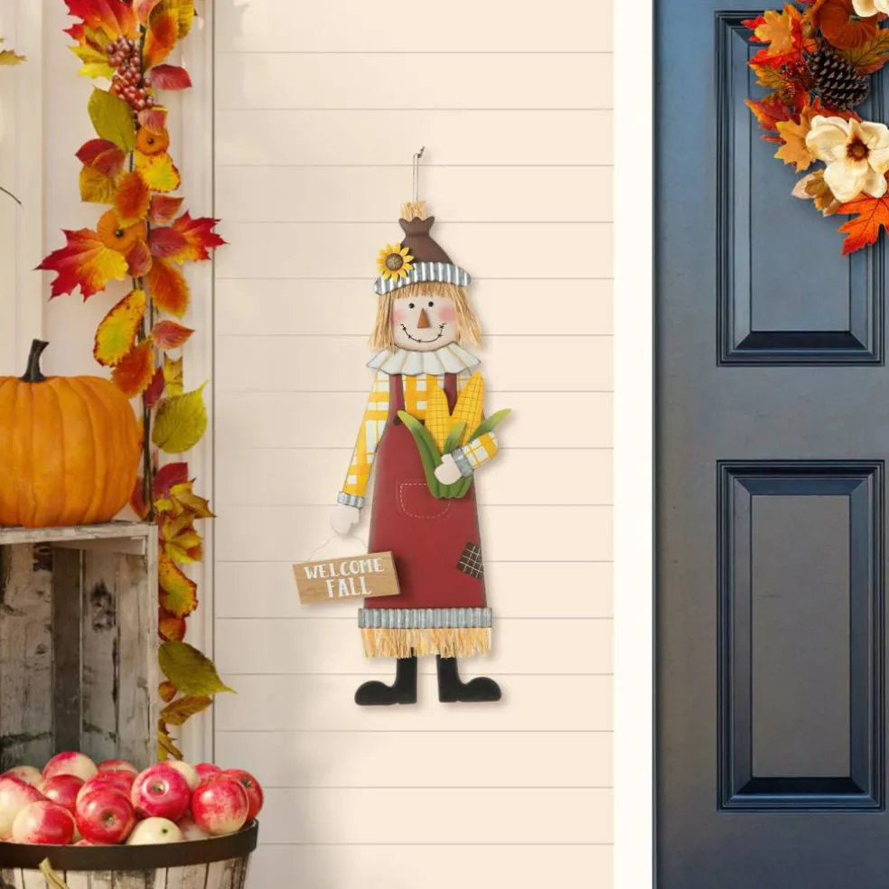 Set of 2 36"H Boy & Girl Fall Metal Scarecrow Yard Stake/Standing/Hanging Sign (KD, Three Function)