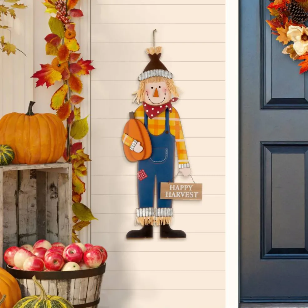 Set of 2 36"H Boy & Girl Fall Metal Scarecrow Yard Stake/Standing/Hanging Sign (KD, Three Function)