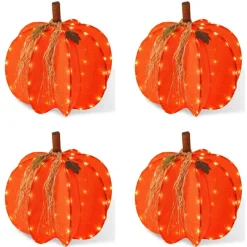 Set of 4 25"H Fall 3D Lighted Foldable Pumpkin Outdoor Décor with 80 Golden Hued LED Lights w/Timer