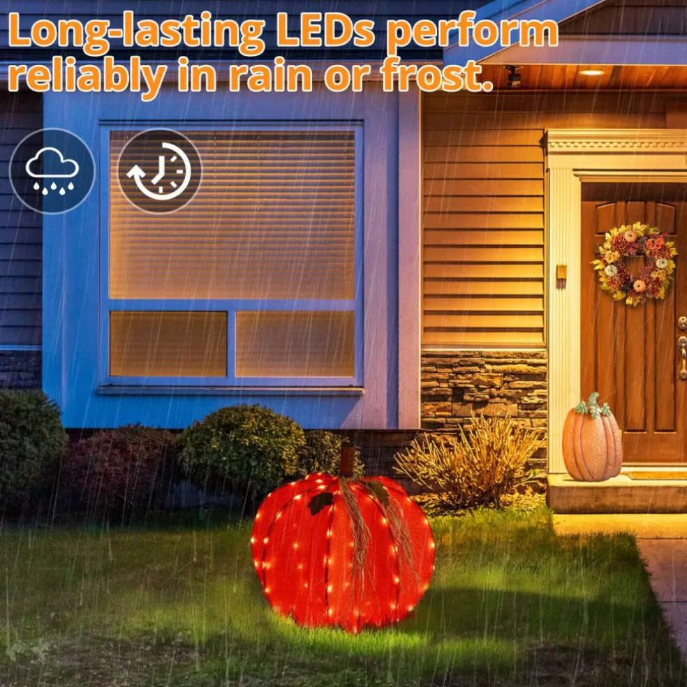 Set of 4 25"H Fall 3D Lighted Foldable Pumpkin Outdoor Décor with 80 Golden Hued LED Lights w/Timer