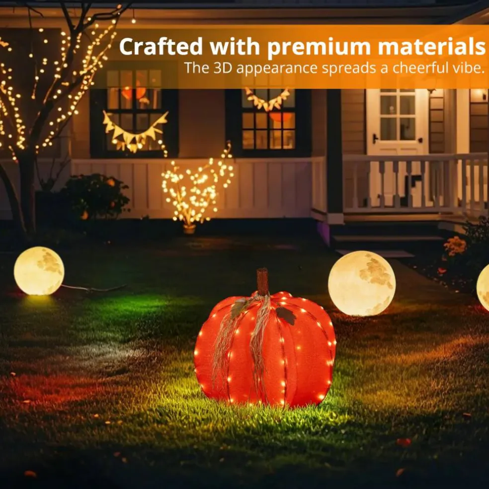 Set of 4 25"H Fall 3D Lighted Foldable Pumpkin Outdoor Décor with 80 Golden Hued LED Lights w/Timer