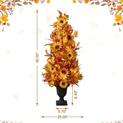 Set of 2 48"H Fall Lighted Maple Leaf and Sunflower Urn Porch Tree with Timer