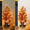 Set of 2 36"H Fall Lighted Maple Leaves Urn Potted Porch Tree with Timer, 20 Warm White Lights