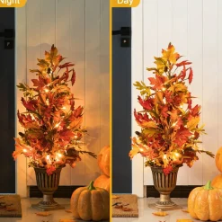 Set of 2 36"H Fall Lighted Maple Leaves Urn Potted Porch Tree with Timer, 20 Warm White Lights