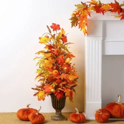 Set of 2 36"H Fall Lighted Maple Leaves Urn Potted Porch Tree with Timer, 20 Warm White Lights