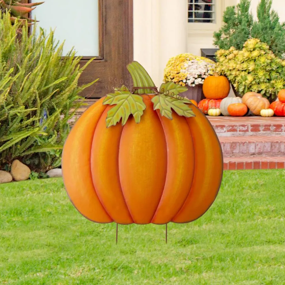 Set of 2 37.5"H Fall Oversized Metal Pumpkin Yard Stake or Wall Décor or Standing Decor