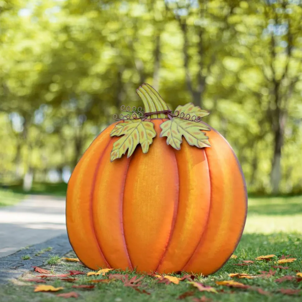 Set of 2 37.5"H Fall Oversized Metal Pumpkin Yard Stake or Wall Décor or Standing Decor
