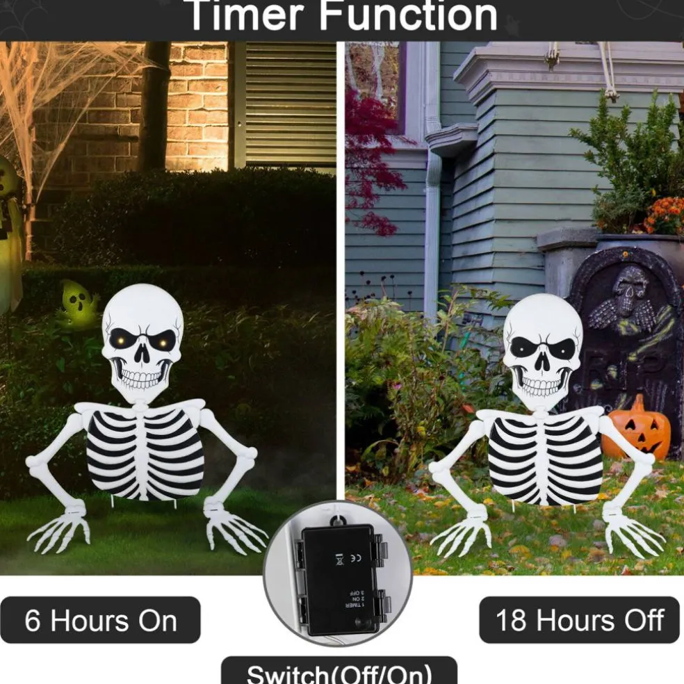 Set of 2 35.75"H Halloween Lighted Metal Ground Breaking Skeleton Yard Stake w/Timer