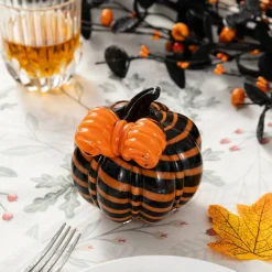 Set of 2 4.75"H Halloween Striped Glass Pumpkin with Bow
