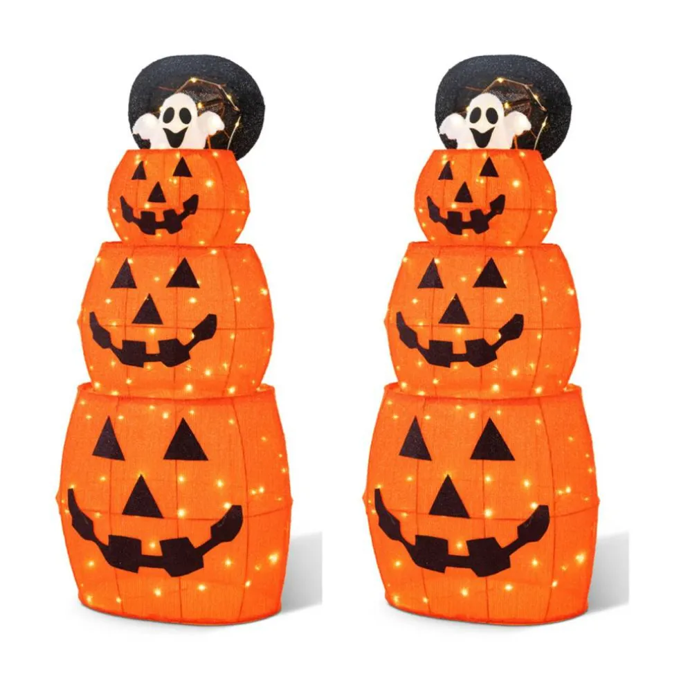 Set of 2 48"H Lighted Halloween 3D ExtendableFabric Jack-O-Lantern Outdoor Décor 120 Warm White LED Lights