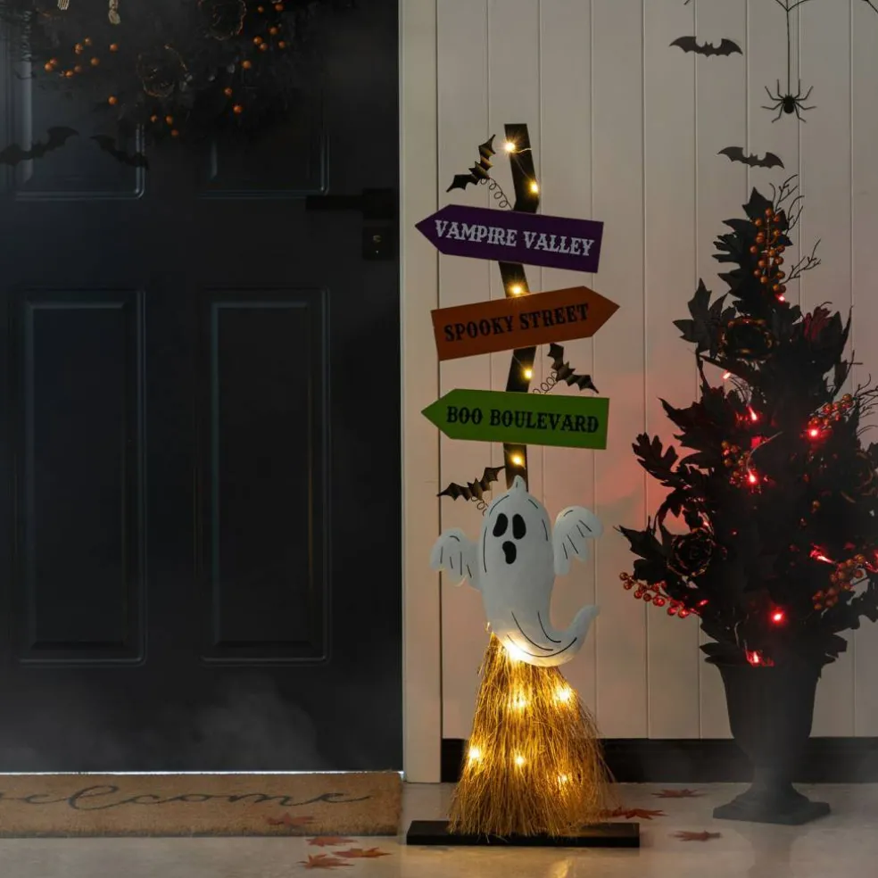 Set of 2 41.75"H Lighted Wooden Ghost's Broom Porch Decor w/Timer