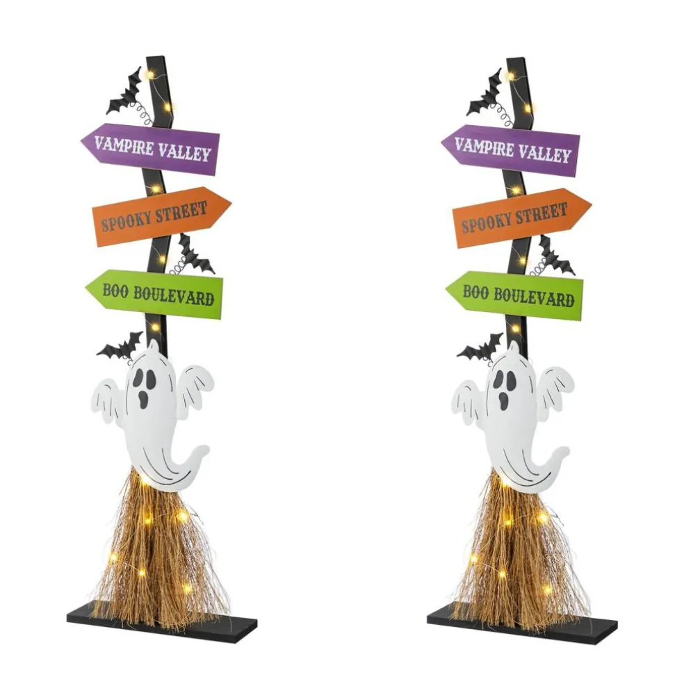 Set of 2 41.75"H Lighted Wooden Ghost's Broom Porch Decor w/Timer