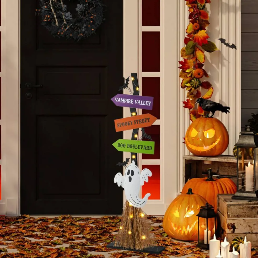 Set of 2 41.75"H Lighted Wooden Ghost's Broom Porch Decor w/Timer