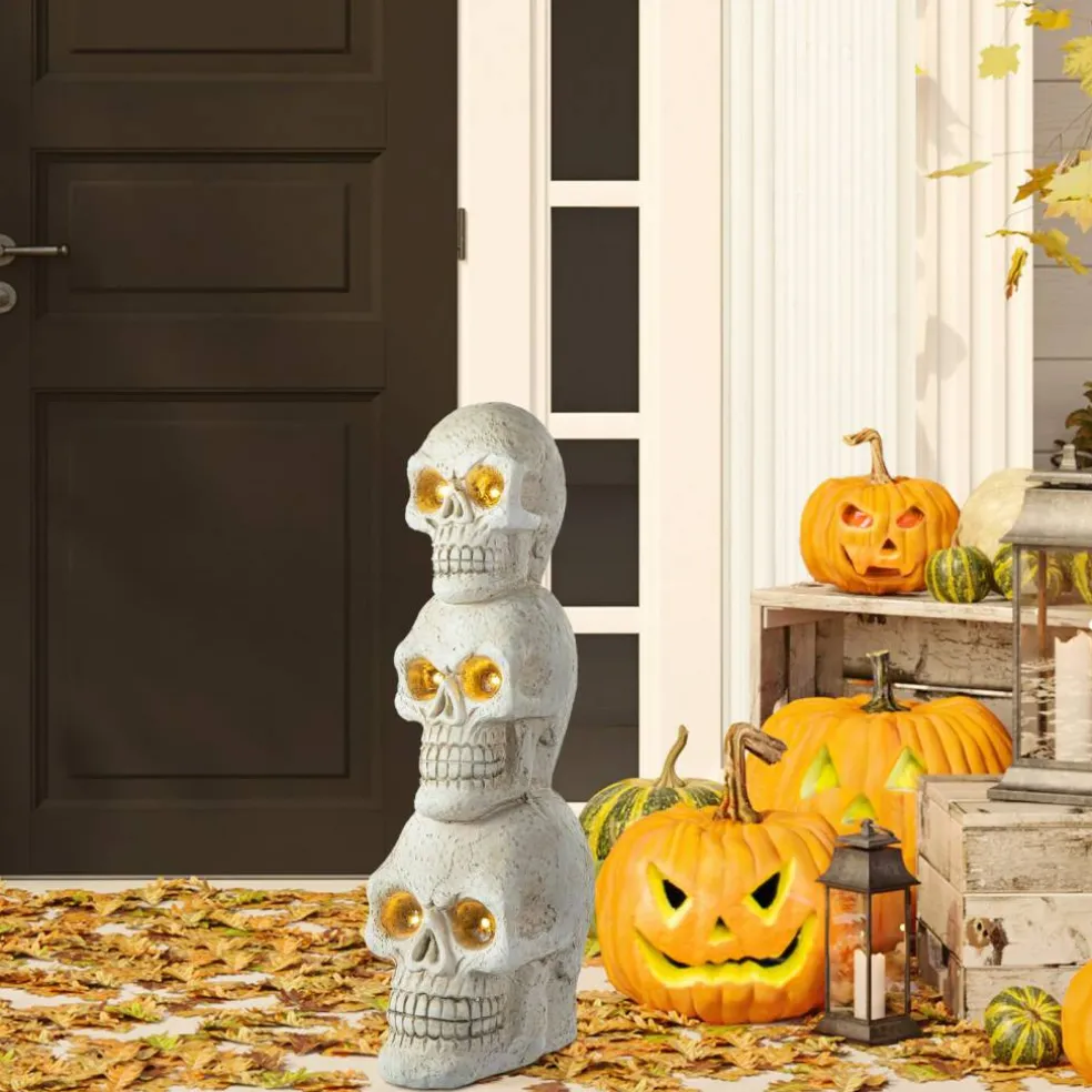 Set of 2 25.50"H Ligted Halloween MGO Skull Porch Decor with Timer