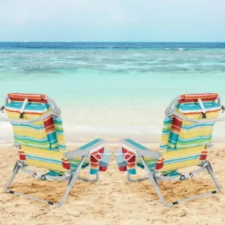 Set of 2 Lightweight Foldable Beach Chairs with Cup Holder and Storage Pockets