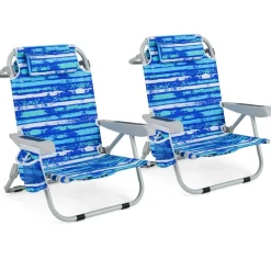 Set of 2 Lightweight Foldable Beach Chairs with Cup Holder and Storage Pockets
