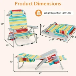 Set of 2 Lightweight Foldable Beach Chairs with Cup Holder and Storage Pockets