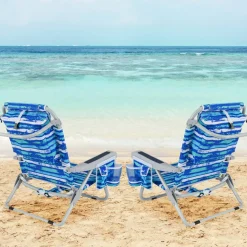 Set of 2 Lightweight Foldable Beach Chairs with Cup Holder and Storage Pockets
