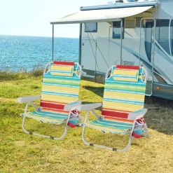 Set of 2 Lightweight Foldable Beach Chairs with Cup Holder and Storage Pockets