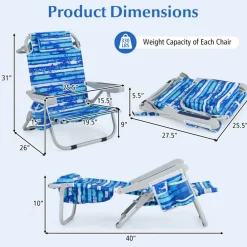 Set of 2 Lightweight Foldable Beach Chairs with Cup Holder and Storage Pockets