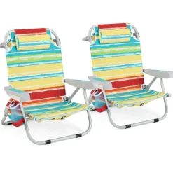 Set of 2 Lightweight Foldable Beach Chairs with Cup Holder and Storage Pockets