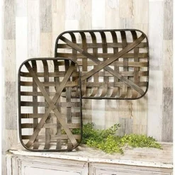 Set of 2 Long Tobacco Baskets wicker Wall Decor Rustic Woven Basket Centerpiece Tray Farmhouse Home Decoration