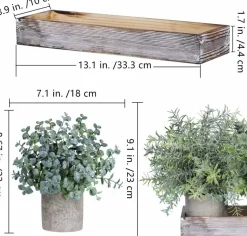 Set of 3 Mini Artificial Eucalyptus & Rosemary Plants in Wooden Planter