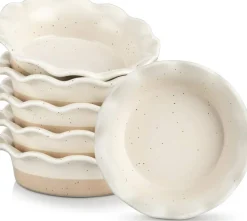 Set of 6 Mini Ceramic Pie Pans – 5.2 Inch Deep Dish Ruffled Edge Baking Plates, Oven & Microwave Safe Individual Pie Dishes for Baking, Serving & Dessert, Cream Color