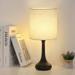Set of 2 Modern Black Table Lamps – Compact Nightstand Lamps with Fabric Shade for Bedroom, Office, and Living Room