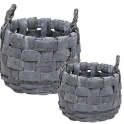 Set of 2 Natural Woven with Rope Handles Grey wash Storage Plant Baskets