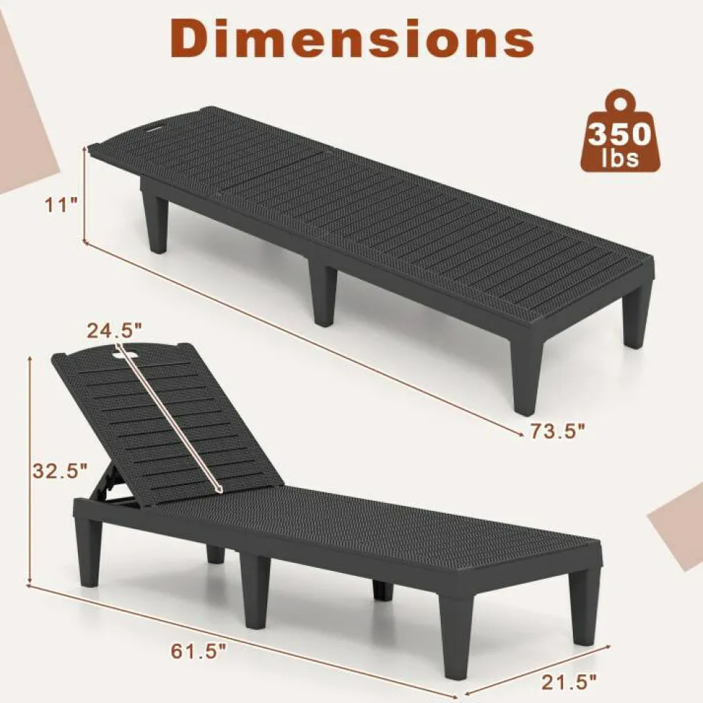 Set of 2 Outdoor Chaise Lounge Chairs with Adjustable Backrests