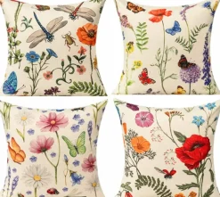Set of 4 Outdoor Patio Throw Pillow Covers 18x18 Inch, Spring Summer Floral Butterfly Cushion Covers, Farmhouse Garden Decorative Pillow Cases for Porch, Bench, Sofa, Couch & Patio Furniture
