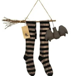Set of 2 Primitive Halloween Hanging Decoration with Black Striped Witch Stockings Twig Broom and Bat Ornament for Mantel Display