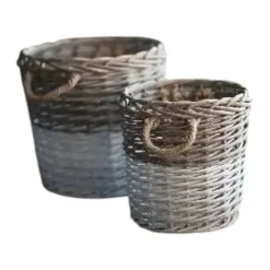 Set of 2 Round Willow Storage Baskets White Dipped Large Small Nesting Bins