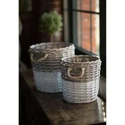 Set of 2 Round Willow Storage Baskets White Dipped Large Small Nesting Bins